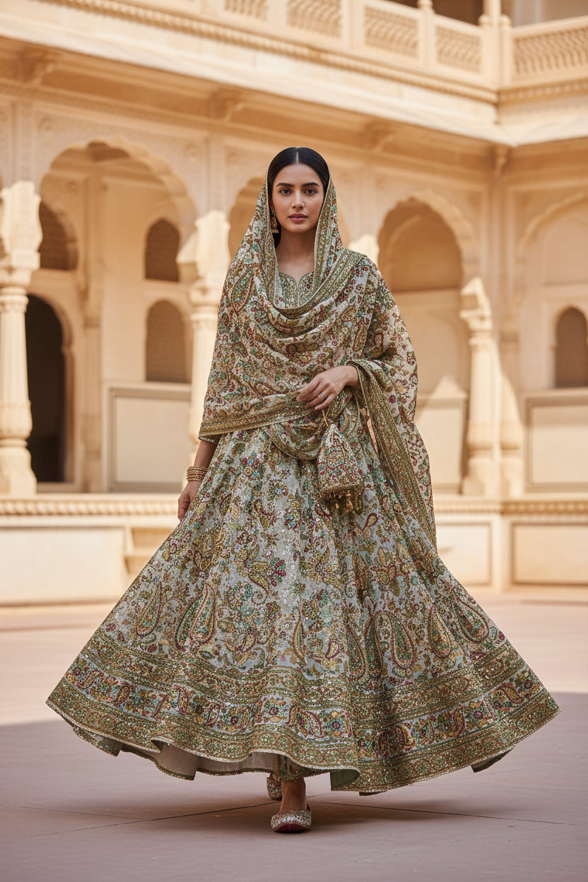 Royal Look Pure Crepe Rajwadi embroidery Work Position Print Gown Dress Fabric For weddings