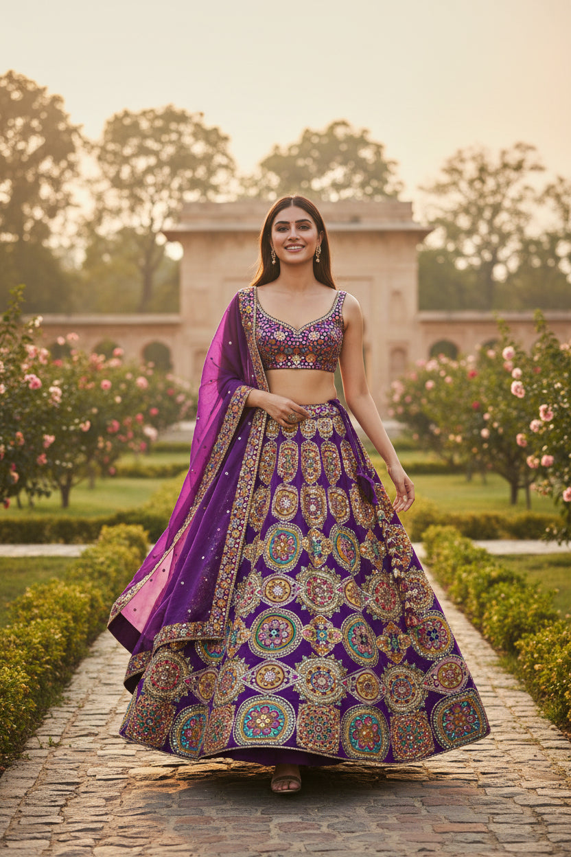 Beautiful Purple Color Pure Crepe Wedding Lahenga fabric - Fabric Only