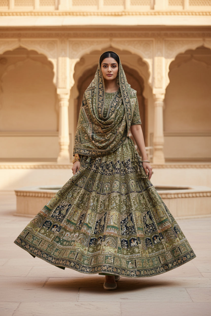 Mahendi Function Special Raja rani Pure crepe lahenga fabric