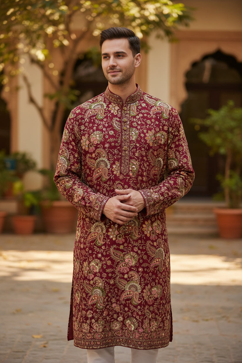 Rose Pink Natural Crepe Rajwadi Dori Embroidery Posittipn Print fabric 44 inch width ( only fabric )