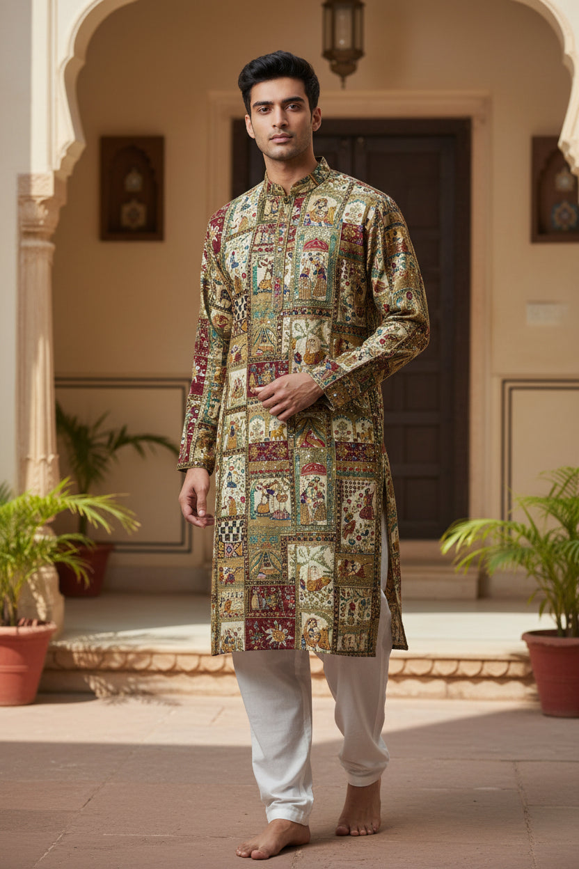 Pure Viscose Position Print Raja Rani Embroidery Work Fabric - Men's Kurta