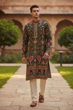 Black color Rajwadi Embroidery Position Printed Fabric 48 Inch width ( only fabric )