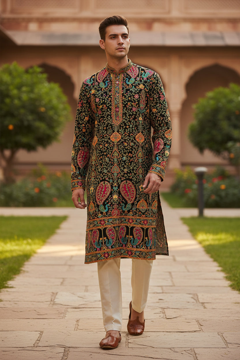 Black color Rajwadi Embroidery Position Printed Fabric 48 Inch width ( only fabric )