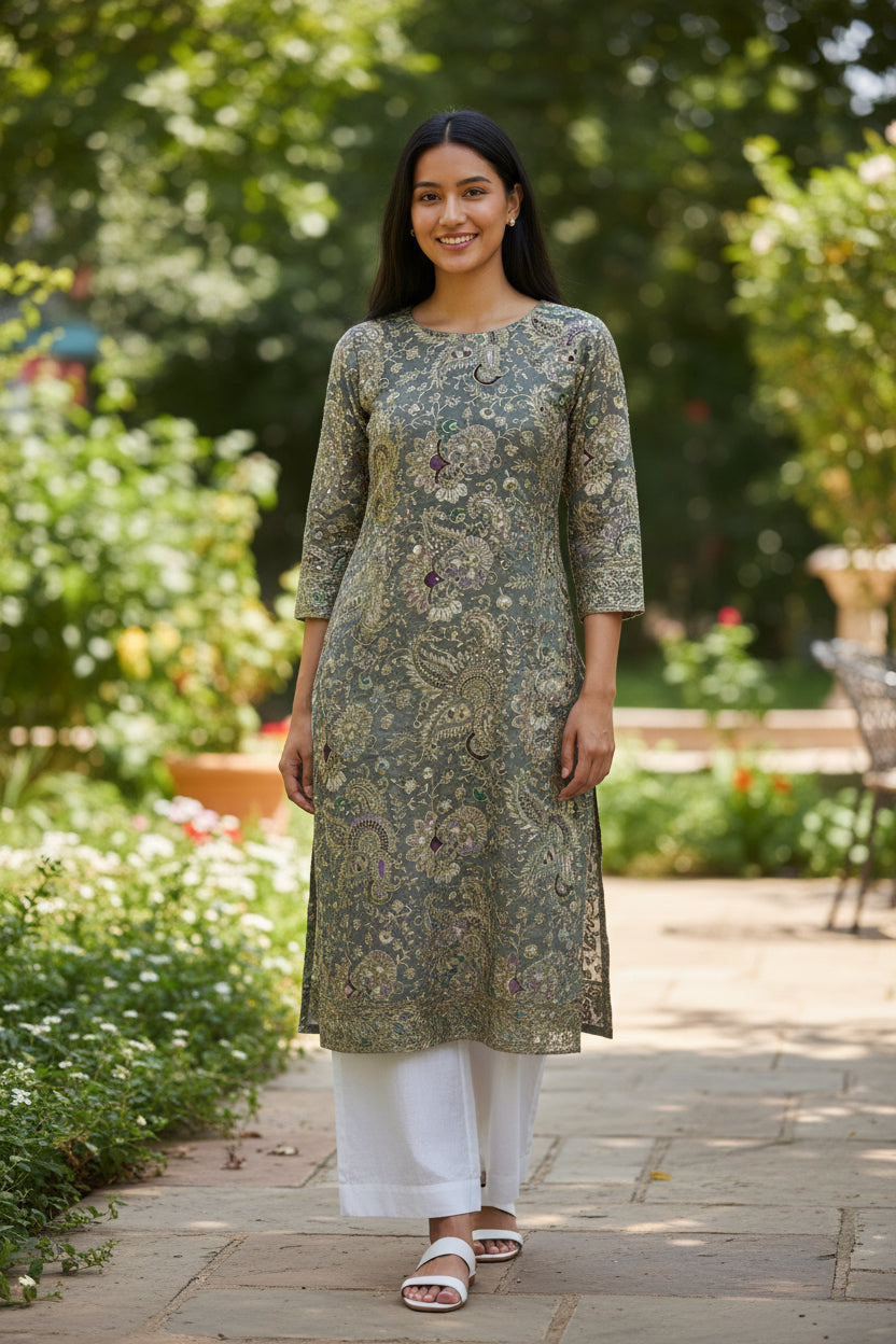 Natural Crepe Rajwadi Dori Embroidery Posittipn Print fabric ( only fabric )