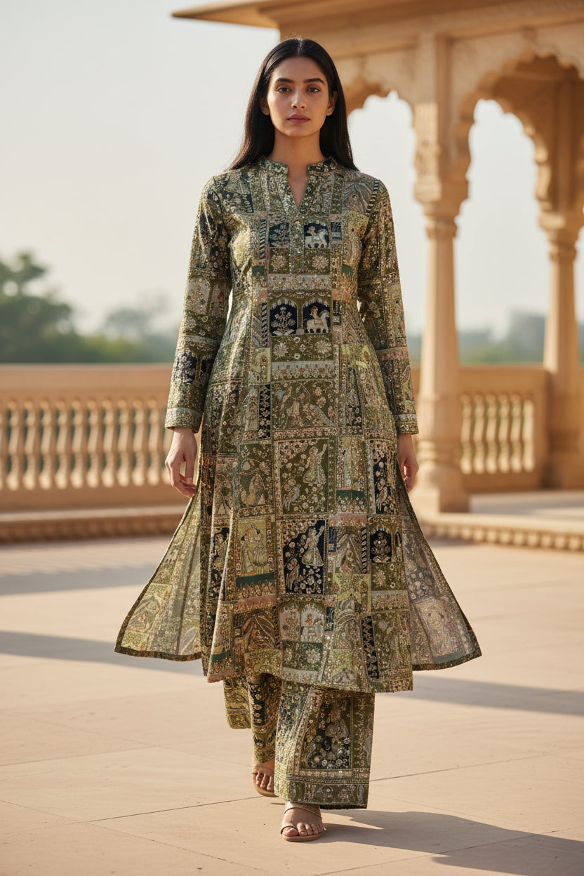 Rani colot Pure Viscose Position Print Raja Rani Embroidery Work Fabric - Mahendi Perfect