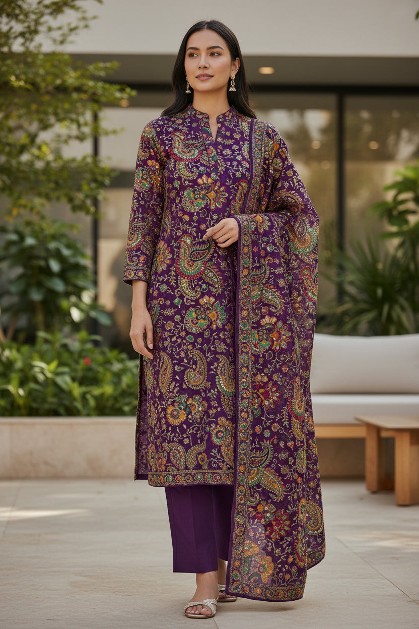 Natural Crepe Rajwadi Dori Embroidery Posittipn Print fabric for Wedding Kurti