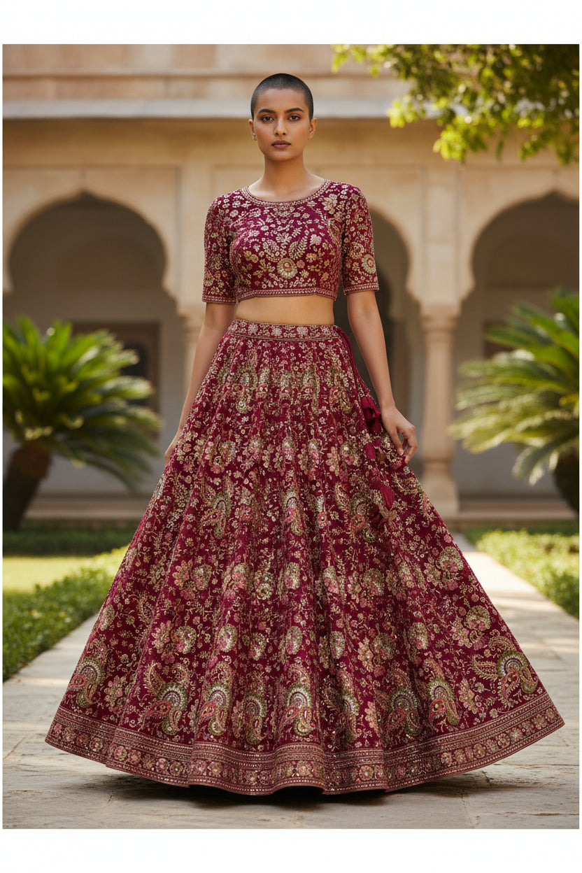 Rose Pink COLOR Keri embroidery position printed crepe Lahenga fabric