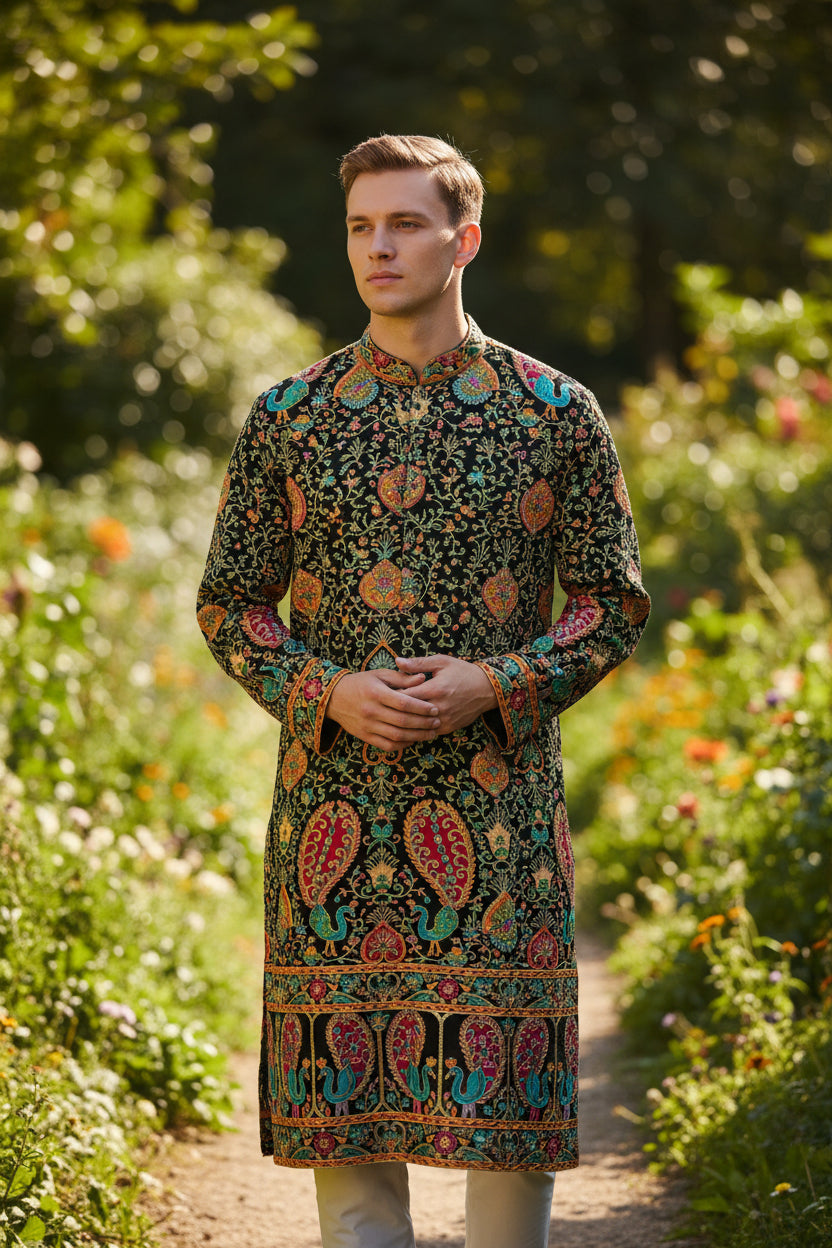 Black color Rajwadi Embroidery Position Printed Fabric 48 Inch width ( only fabric )