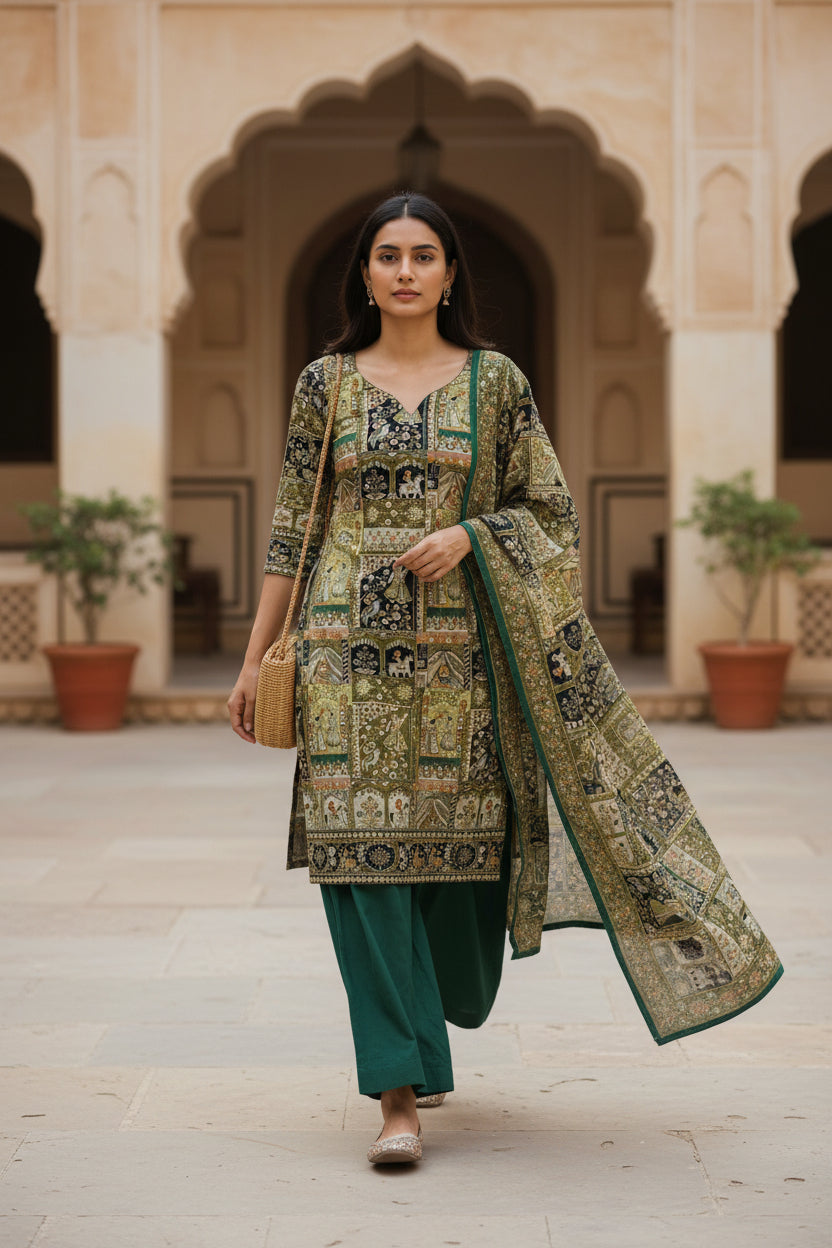 Pure Viscose Position Print Raja Rani Embroidery Work Fabric - Mahendi Perfect