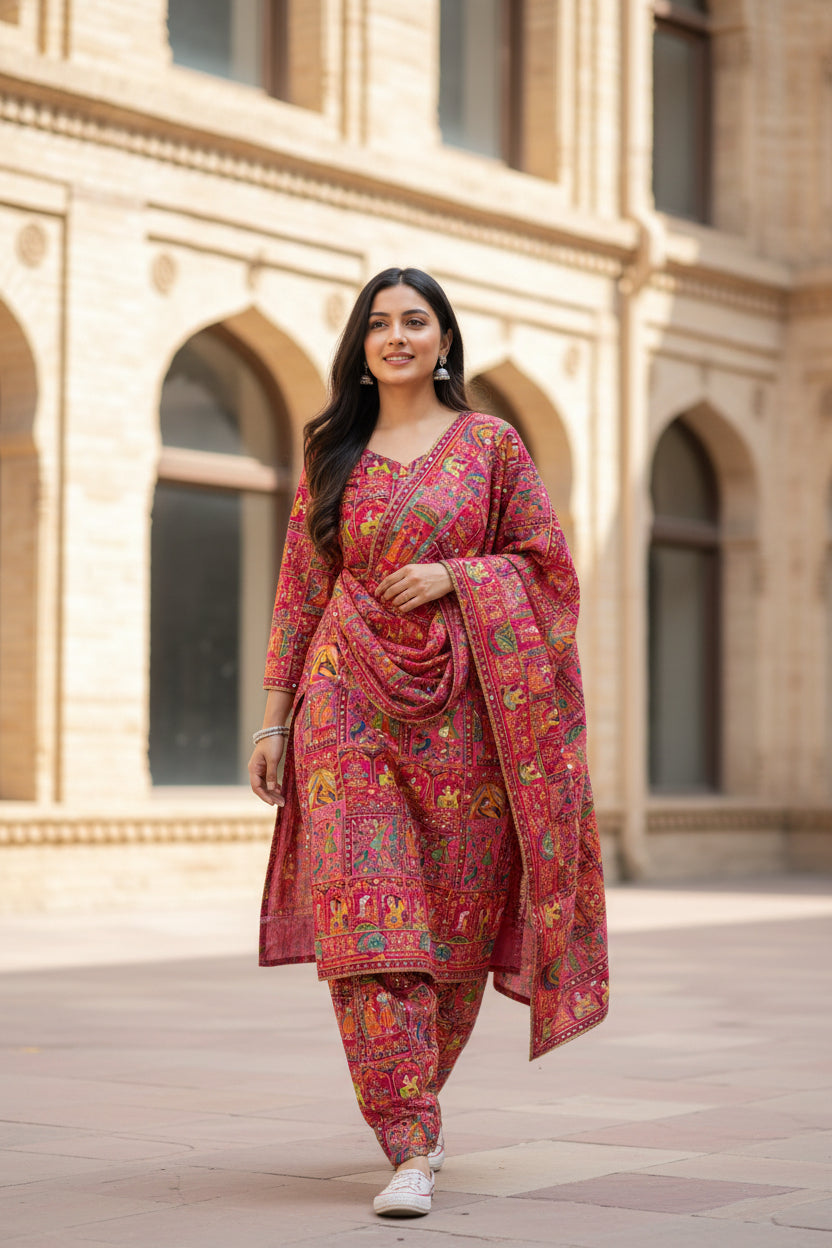 Rani color Pure Viscose Position Print Raja Rani Embroidery Work Fabric - Panjabi Style