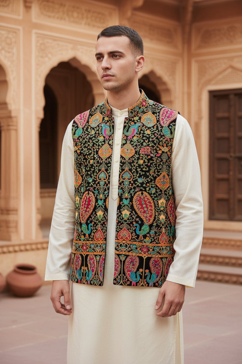 Black color Rajwadi Embroidery Position Printed Fabric 48 Inch width