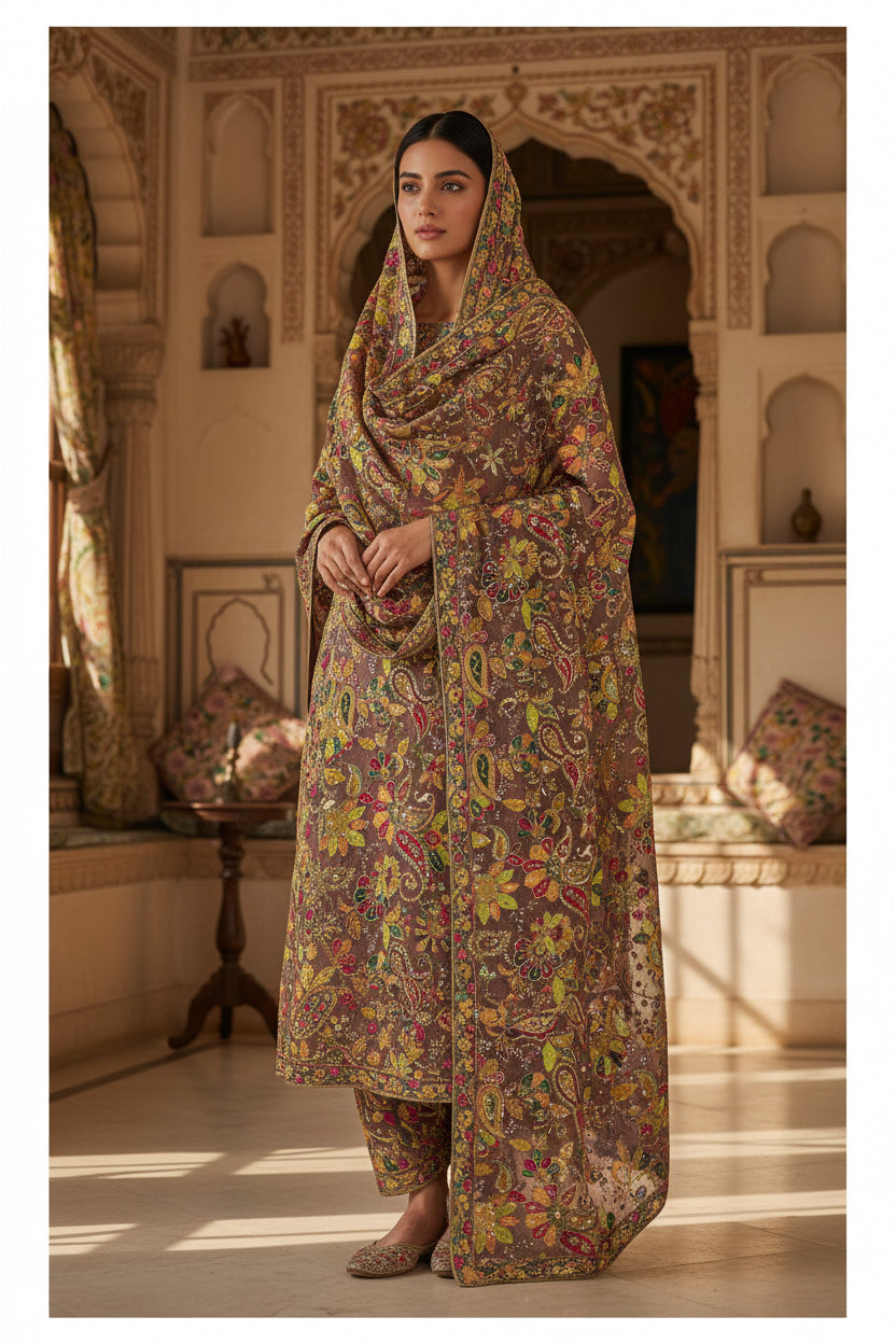 Royal Look Pure Crepe Rajwadi embroidery Work Position Print Dress Kurti Fabric