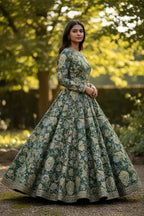 Pure Crepe Rajwadi embroidery Work Position Print Gown Dress Fabric For weddings