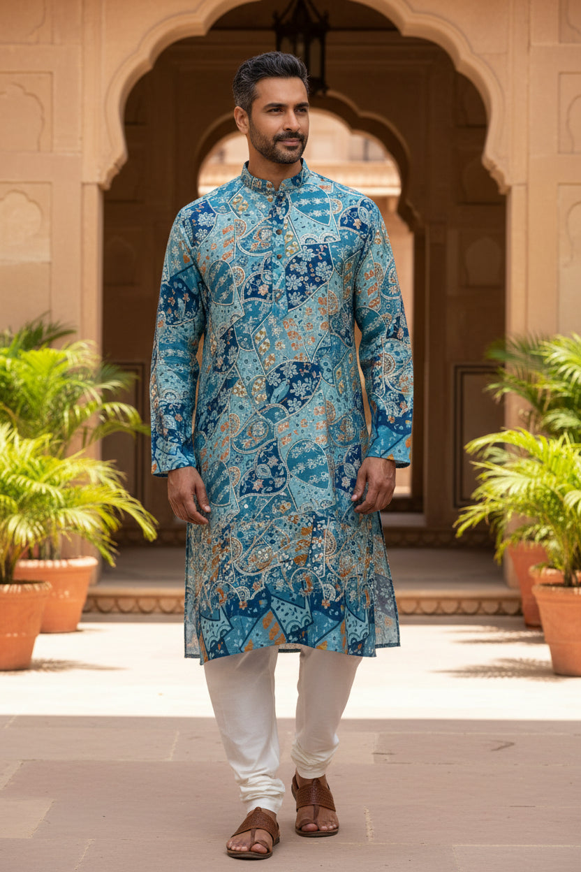 Wedding Kurta Zari embroidery print natural crepe fabric (perfect for mens Kurta )