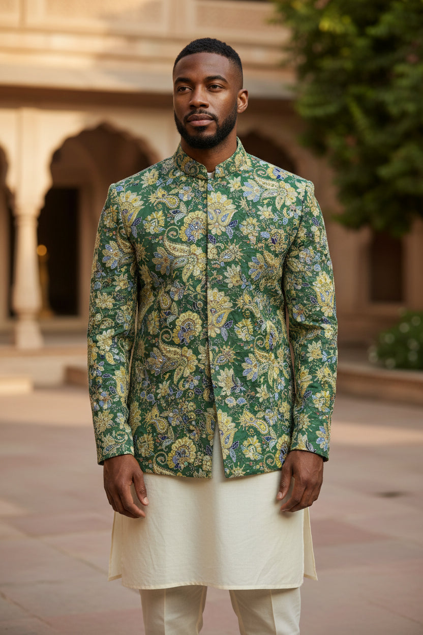 Royal Look Pure Crepe Rajwadi embroidery Work Position Print Wedding Fabric Nehru Jacket