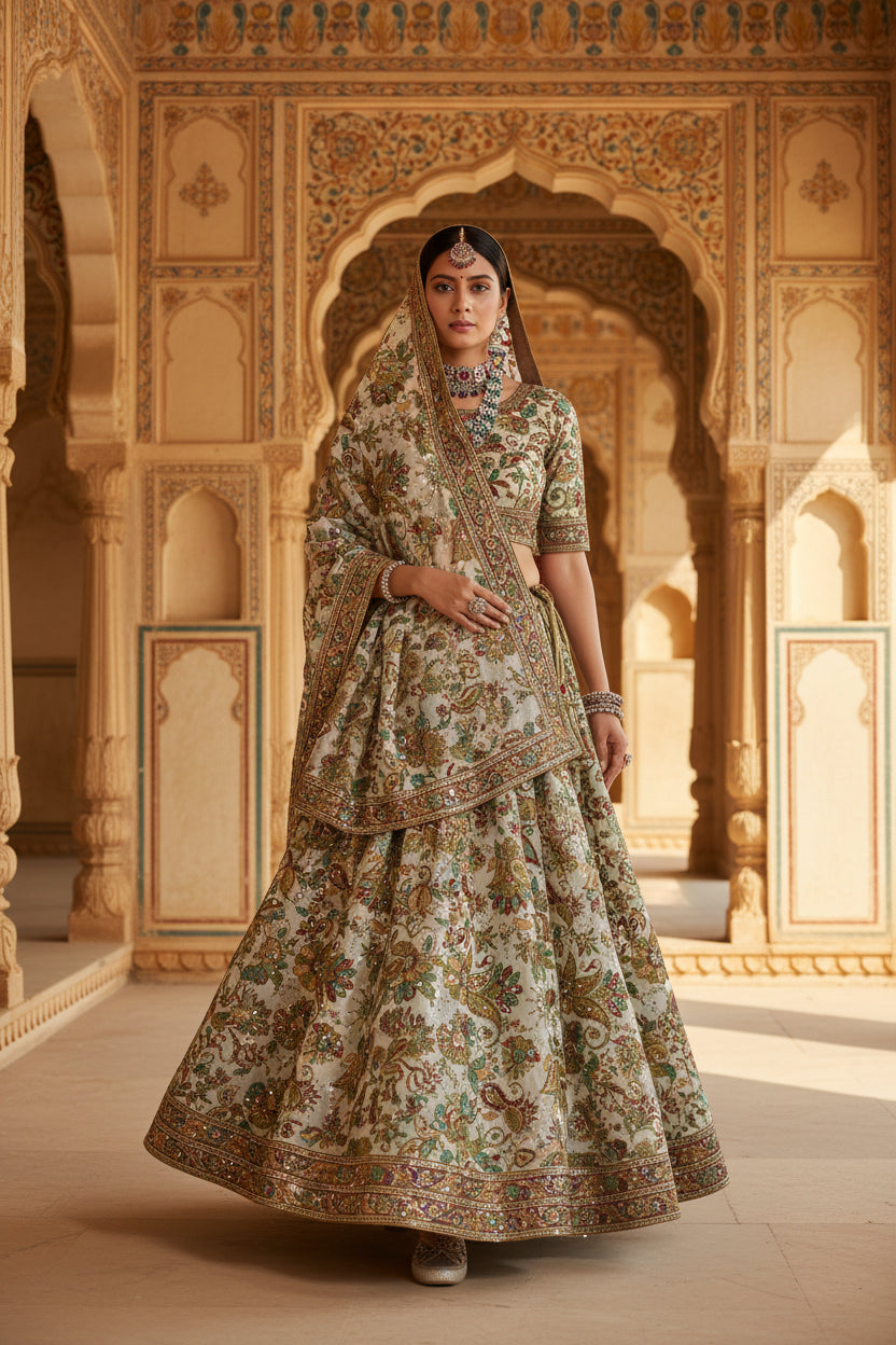 Royal Look Pure Crepe Rajwadi embroidery Work Position Print Lahenga Fabric For weddings