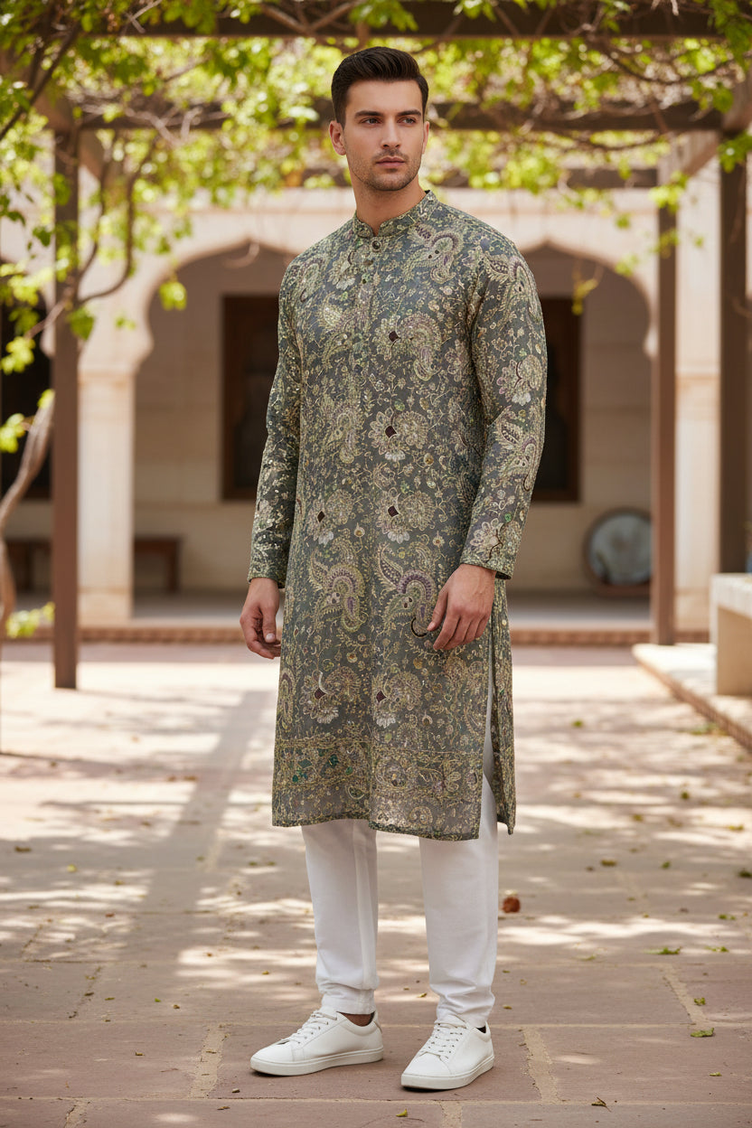 Silver Color Natural Crepe Rajwadi Dori Embroidery Position Print fabric 44 inch width ( only fabric )