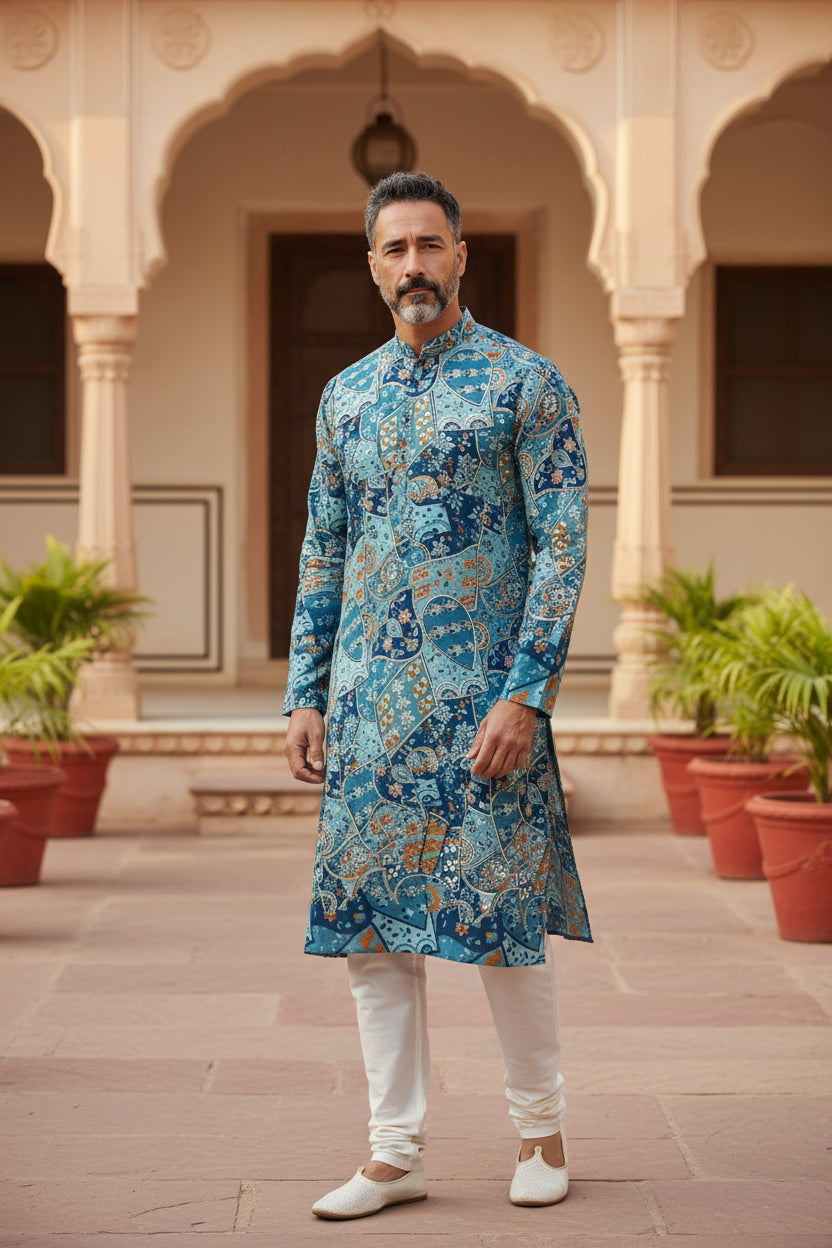 Wedding Kurta Zari embroidery print natural crepe fabric (perfect for mens Kurta )