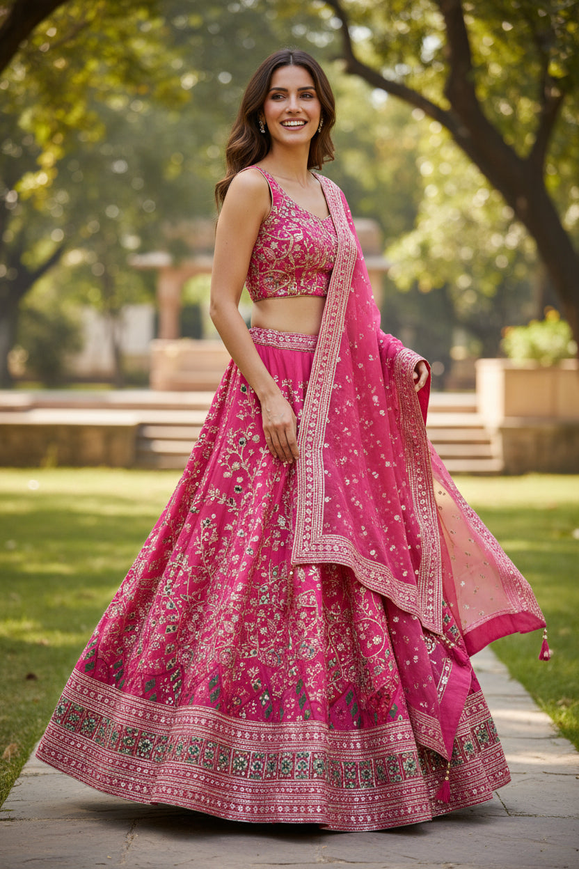 Pink Crepe Zari embroidery natural crepe ( Only Fabric )